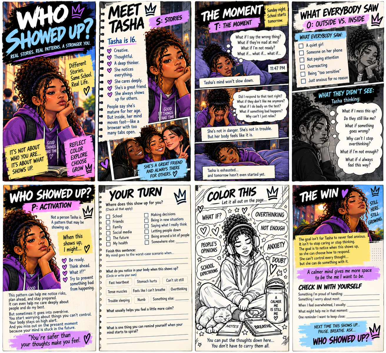 Sample pages from Who Showed Up?: Tasha's story, a pattern check-in, a Your Turn reflection, a coloring page, and The Win